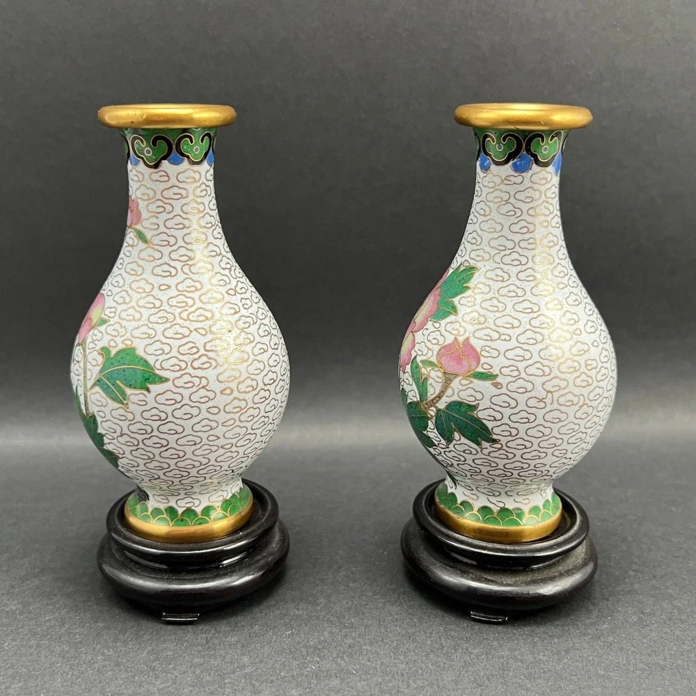 Vintage Cloisonne Vases White Floral Pink Peony Wood Stands Pair 4